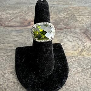 Silver cocktail statement ring with olive green gem & rhinestones - size 6.25